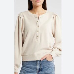 Rails Small Mariana Sand Henley Sweatshirt Cotton Comfy Puff Sleeve Neutral